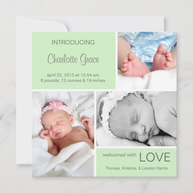 Multiple Photo Birth Announcement//Light Green Announcement (Front)