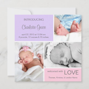 Multiple Photo Birth Announcement//Pink Purple Announcement