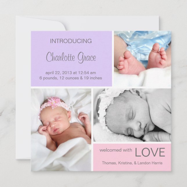 Multiple Photo Birth Announcement//Pink Purple Announcement (Front)