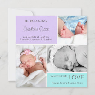 Multiple Photo Birth Announcement//Purple Aqua Announcement