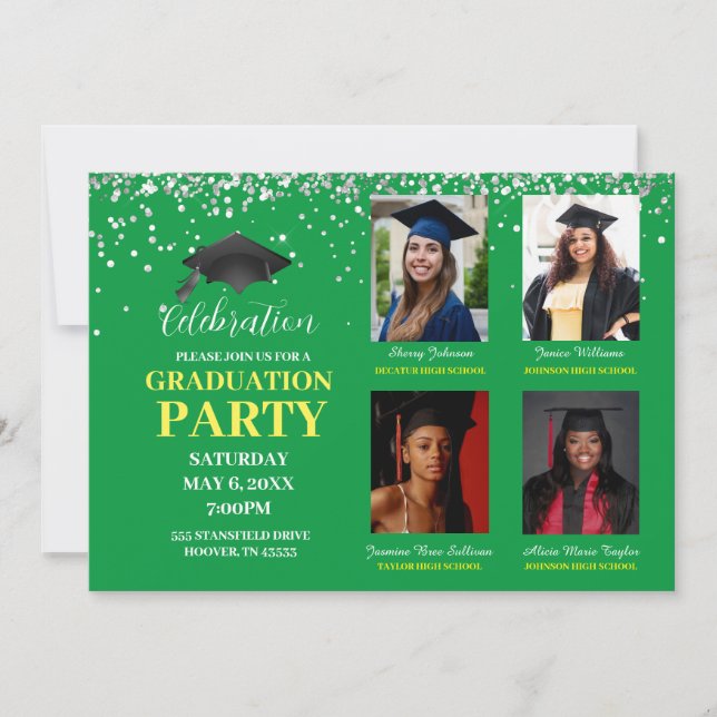 Multiple Photo green and yellow Graduation Party  Invitation (Front)