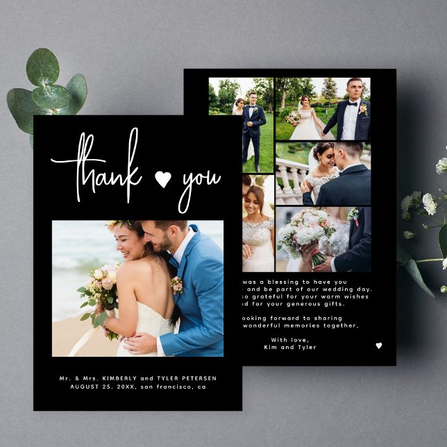 Multiple photo modern black wedding  thank you card (Creator Uploaded)