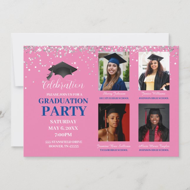 Multiple Photo pink and blue Graduation Party Invitation (Front)