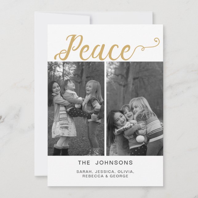 Multiple Photos Peace Gold Typography Holiday Card (Front)