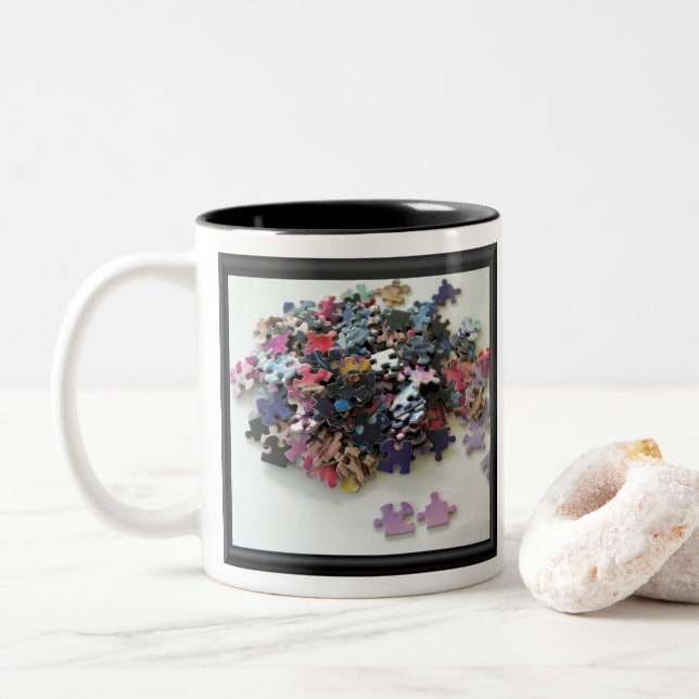 Multiple puzzle colourful puzzle pieces Two-Tone coffee mug (With Donut)