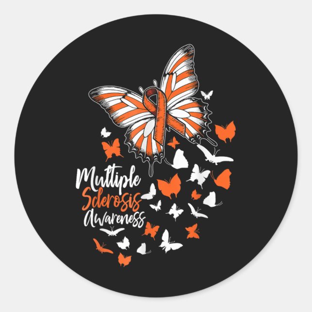 Multiple Sclerosis Awareness Butterfly Orange Ribb Classic Round Sticker (Front)