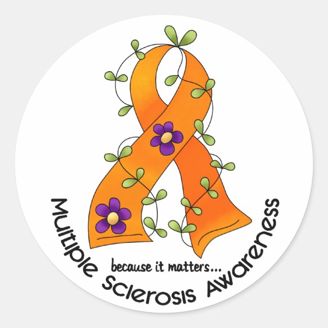 Multiple Sclerosis FLOWER RIBBON 1 Classic Round Sticker (Front)