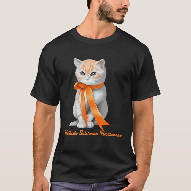 Multiple Sclerosis MS Awareness Cute Cat Wear Oran T-Shirt (Front)