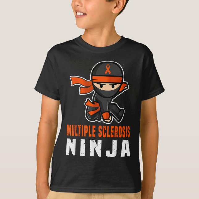 Multiple Sclerosis Ninja Awareness Funny Orange Ri T-Shirt (Front)