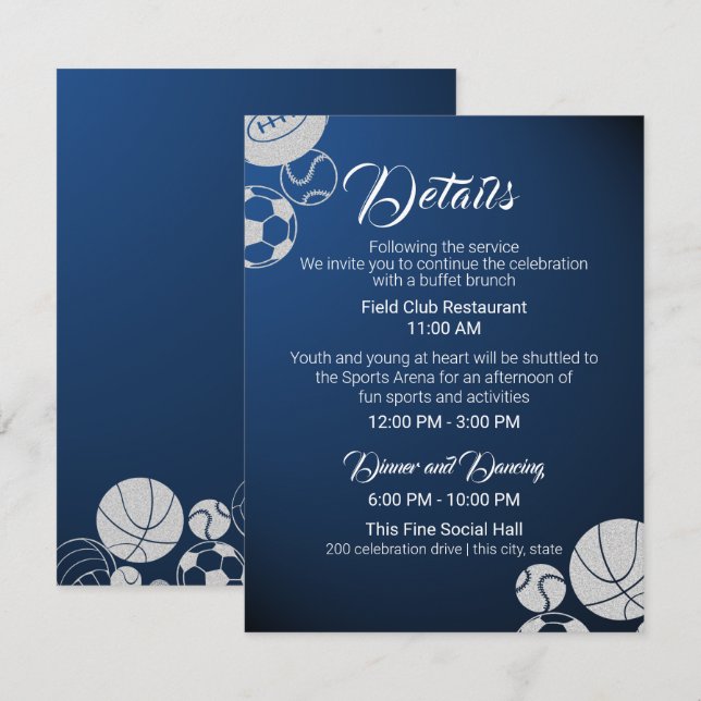 Multiple Sports Bar Mitzvah Details and Info Invitation (Front/Back)