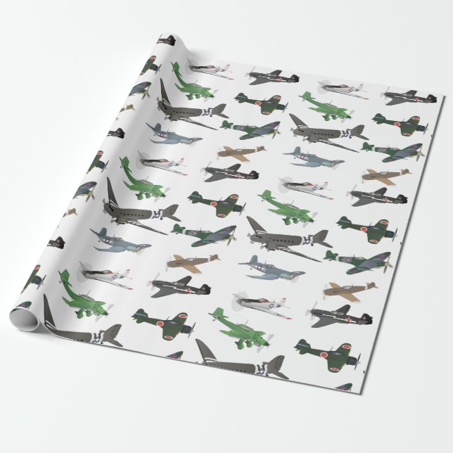 Multiple WW2 Airplanes Pattern Wrapping Paper (Unrolled)