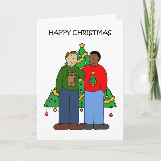 Multiracial Male Gay Couple Happy Christmas Holiday Card (Front)