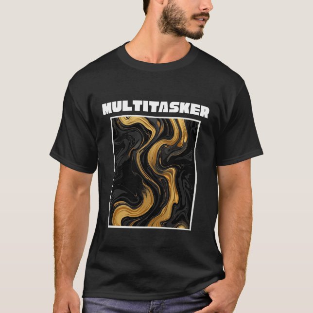 Multitasker Gold & Black Liquid Marble Abstract T-Shirt (Front)
