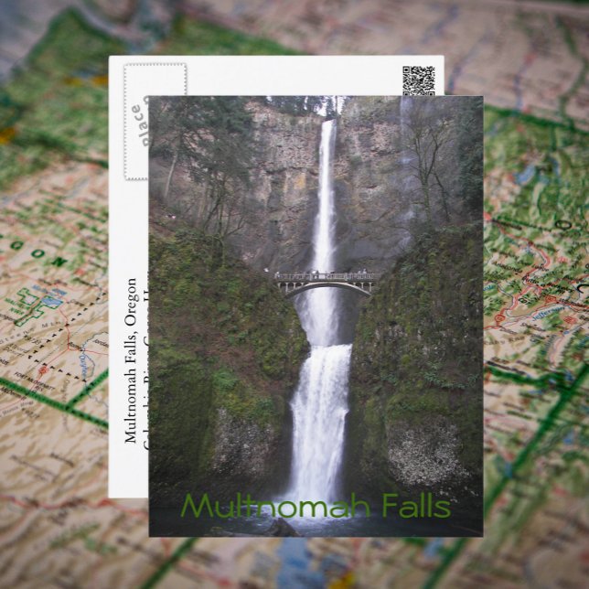Multnomah Falls, Oregon Travel Photo Postcard (In Situ Map)