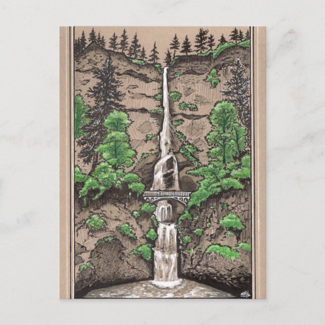 Multnomah Falls, Portland Oregon landscape drawing Postcard (Front)