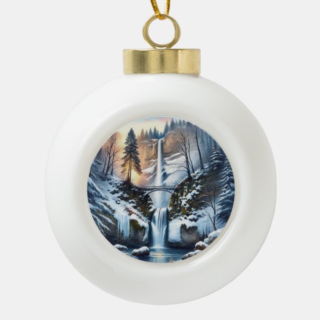 Multnomah Falls Snowy Christmas Tree Ceramic Ball Christmas Ornament (Front)