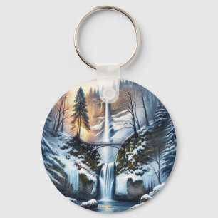 Multnomah Falls Snowy Christmas Tree Key Ring