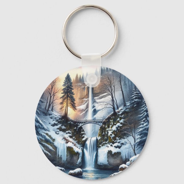 Multnomah Falls Snowy Christmas Tree Key Ring (Front)