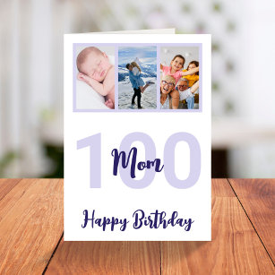 Mum 100th Birthday Purple Script Photo Collage Card