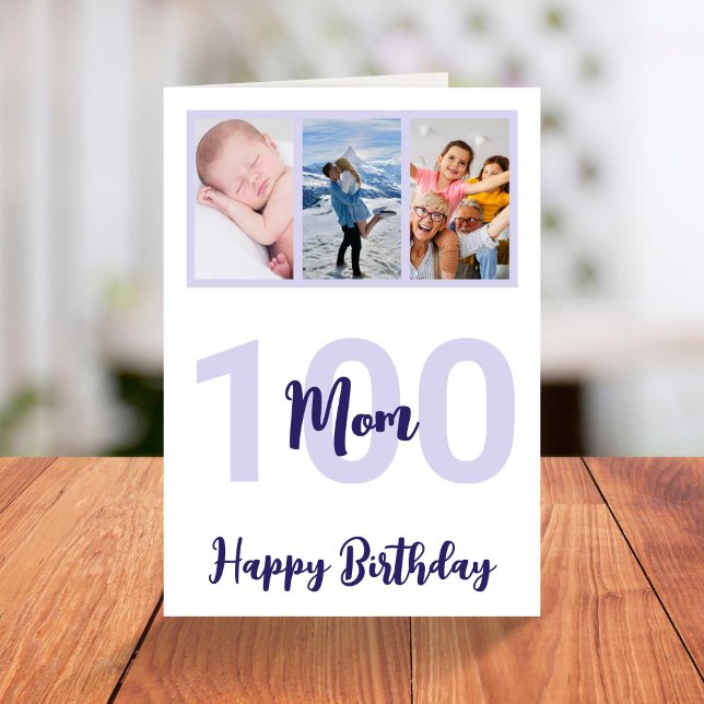 Mum 100th Birthday Purple Script Photo Collage Card (Creator Uploaded)