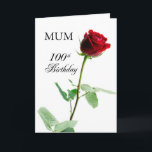 Mum, 100th Birthday Red Rose, Flower Card<br><div class="desc">When your Mum turns 100,  it is a very special day! This beautiful red rose offers a reminder that the birthday person is loved. It is easy for them to see the red color on the white background and will easily recognize the rose and the significance.</div>