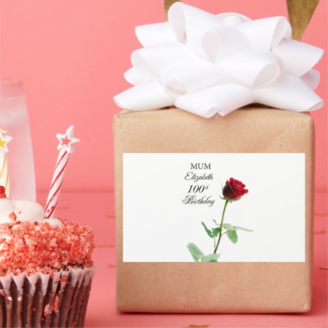 Mum 100th Birthday Red Rose Flower Personalised Rectangular Sticker (Party)
