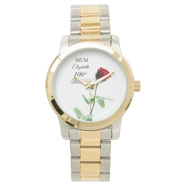 Mum 100th Birthday Red Rose Flower Personalised Watch (Front)