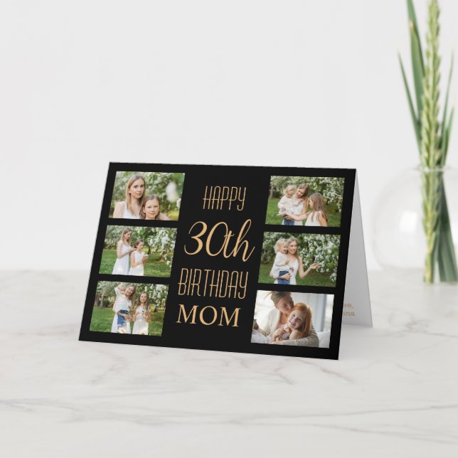 Mum 30th Birthday Black Gold 6 Photos Collage Card (Front)