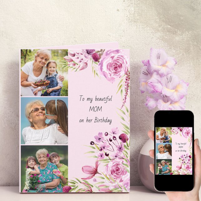 Mum 3 Photo Feminine Pink Floral Birthday Card (Creator Uploaded)