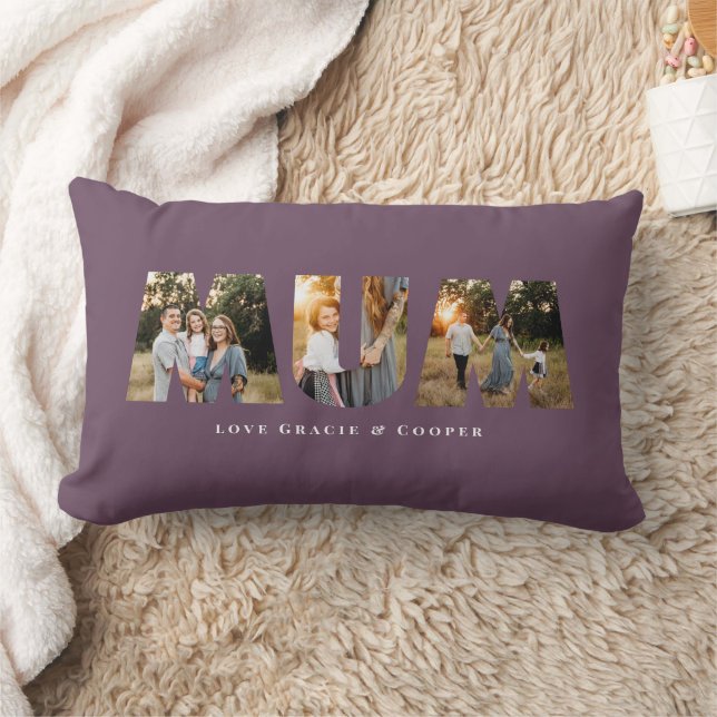 Mum 3 photo modern elegant purple mothers day lumbar cushion (Blanket)