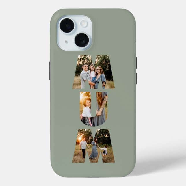 Mum 3 photo modern elegant sage green mothers day Case-Mate iPhone case (Back)