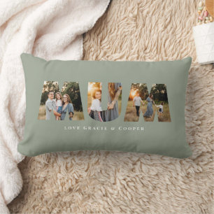 Mum 3 photo modern elegant sage green mothers day lumbar cushion