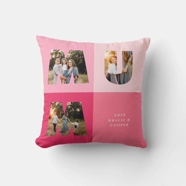 Mum 3 photo modern girly pink mothers day cushion (Front)