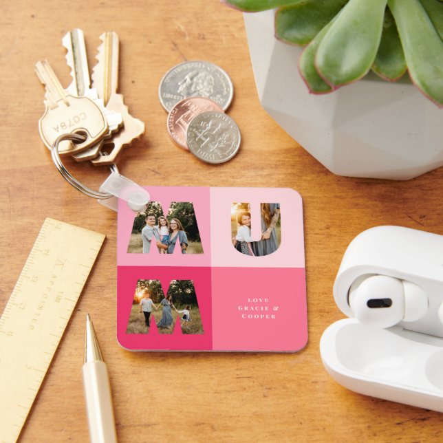 Mum 3 photo modern girly pink mothers day key ring (Desk)