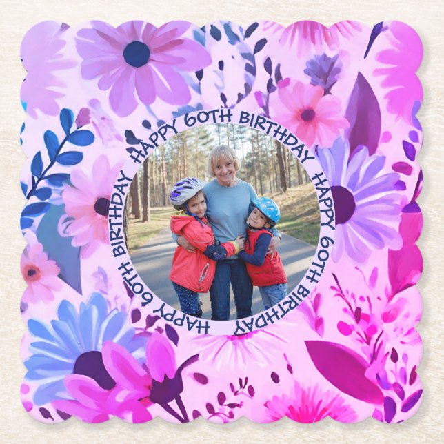 Mum 60th Birthday Pink And Blue Floral Photo Paper Coaster (Front)