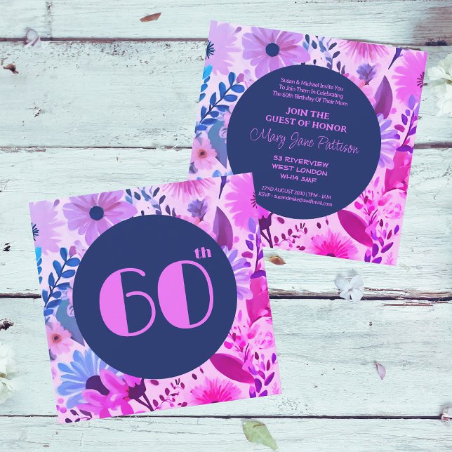 Mum 60th Birthday Pink, Blue And Purple Floral Invitation (Front And Back)