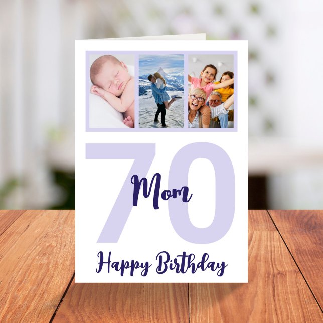 Mum 70th Birthday Purple Script Photo Collage Card (Creator Uploaded)