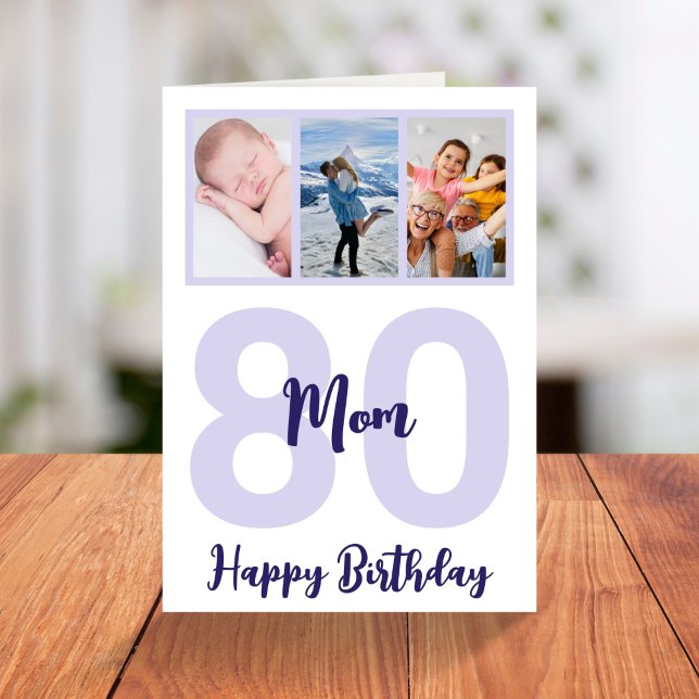 Mum 80th Birthday Purple Script Photo Collage Card (Creator Uploaded)