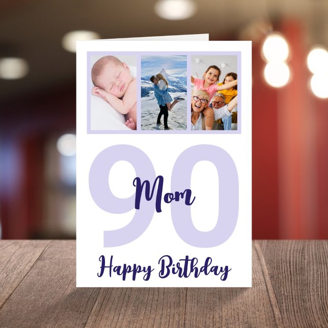 Mum 90th Birthday Purple Script Photo Collage Card (Creator Uploaded)