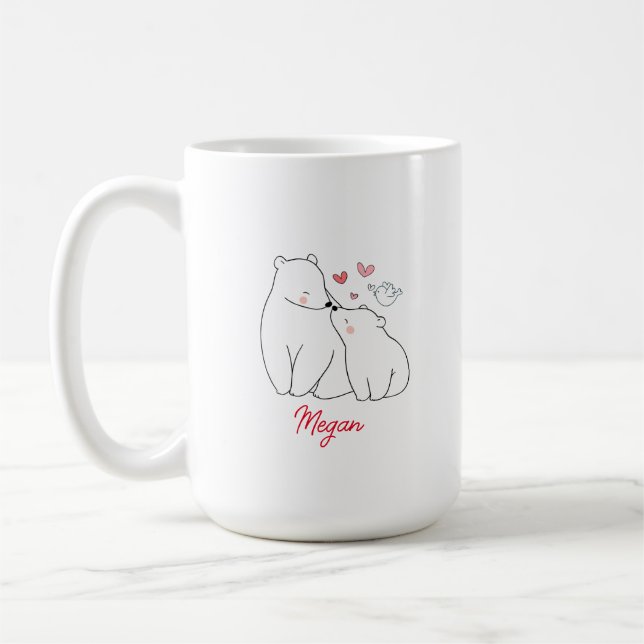 Mum and Baby Bear Hearts  Minimalist Personalised Coffee Mug (Left)