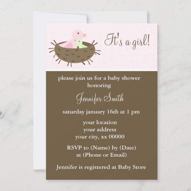 Mum and Baby Bird Girl Baby Shower Invitation (Front)