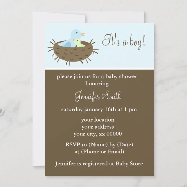 Mum and Baby Birds Boy Baby Shower Invitation (Front)
