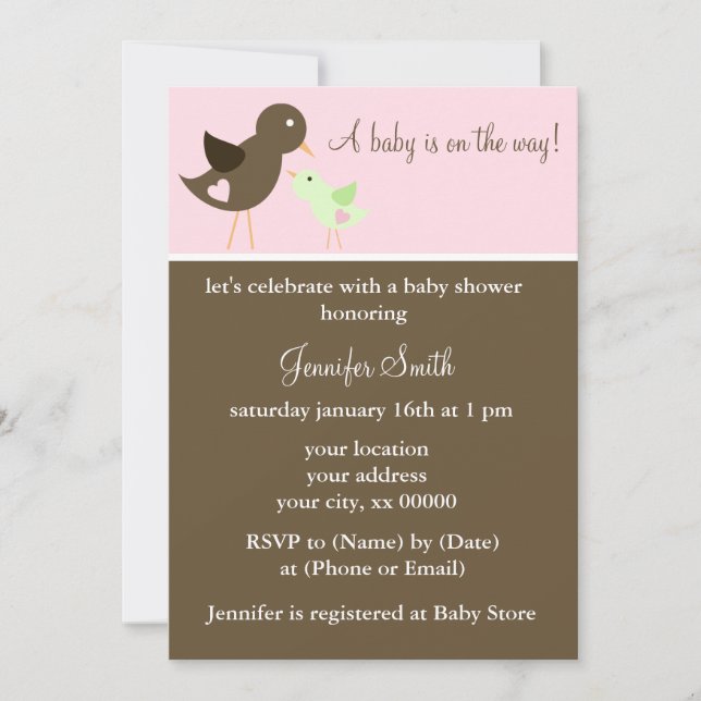 Mum and Baby Birds Girl Baby Shower Invitation (Front)