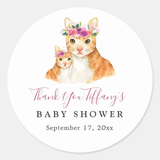 Mum And Baby Cat Floral Thank You Baby Shower Classic Round Sticker (Front)
