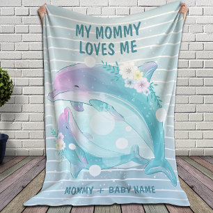 Mum and Baby Dolphins with Flowers Mummy Loves Me Fleece Blanket