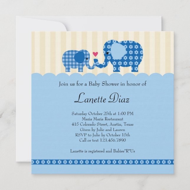 Mum and Baby Elephant Baby Boy Shower Invitation (Front)