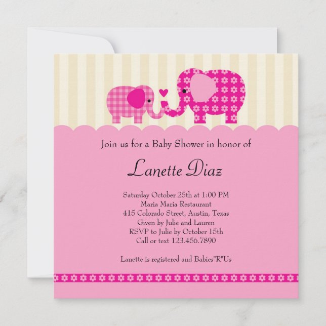 Mum and Baby Elephant Baby Girl Shower Invitation (Front)
