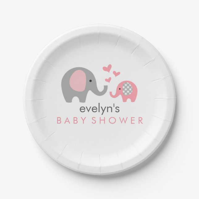 Mum and Baby Elephant Baby Shower Paper Plate Pink (Front)