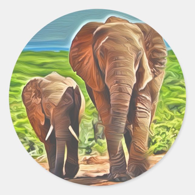 Mum and Baby Elephant  Classic Round Sticker (Front)