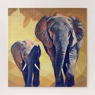 Mum and baby Elephant in the Fall Jigsaw Puzzle
